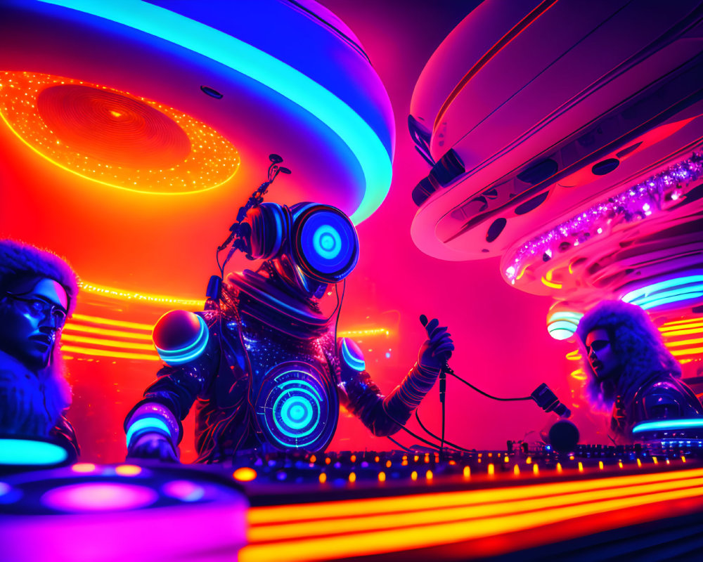 Futuristic DJ in neon-lit club with stylish partygoers