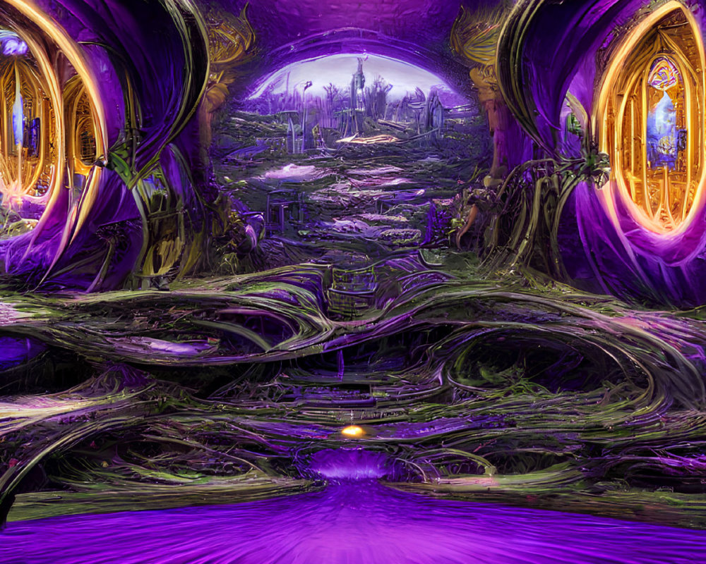 Futuristic alien city with purple and golden hues and advanced architecture