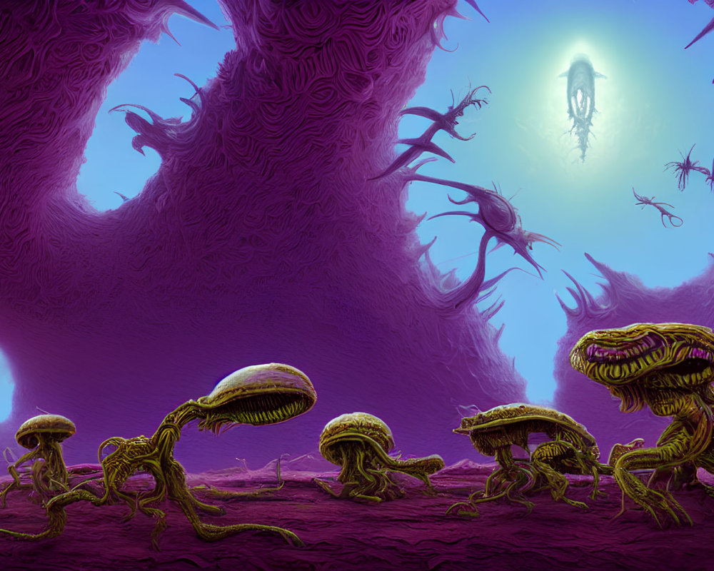 Alien landscape with purple hues, tentacled creatures, and giant spiders