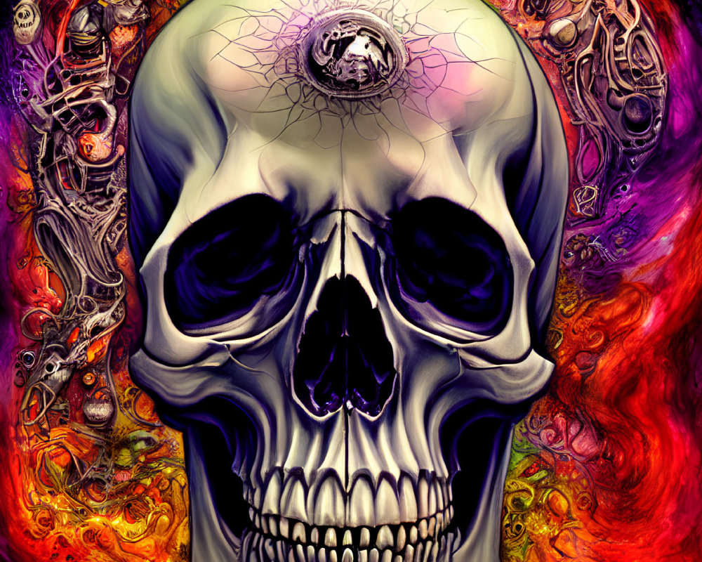 Colorful Psychedelic Skull Illustration with Abstract Patterns