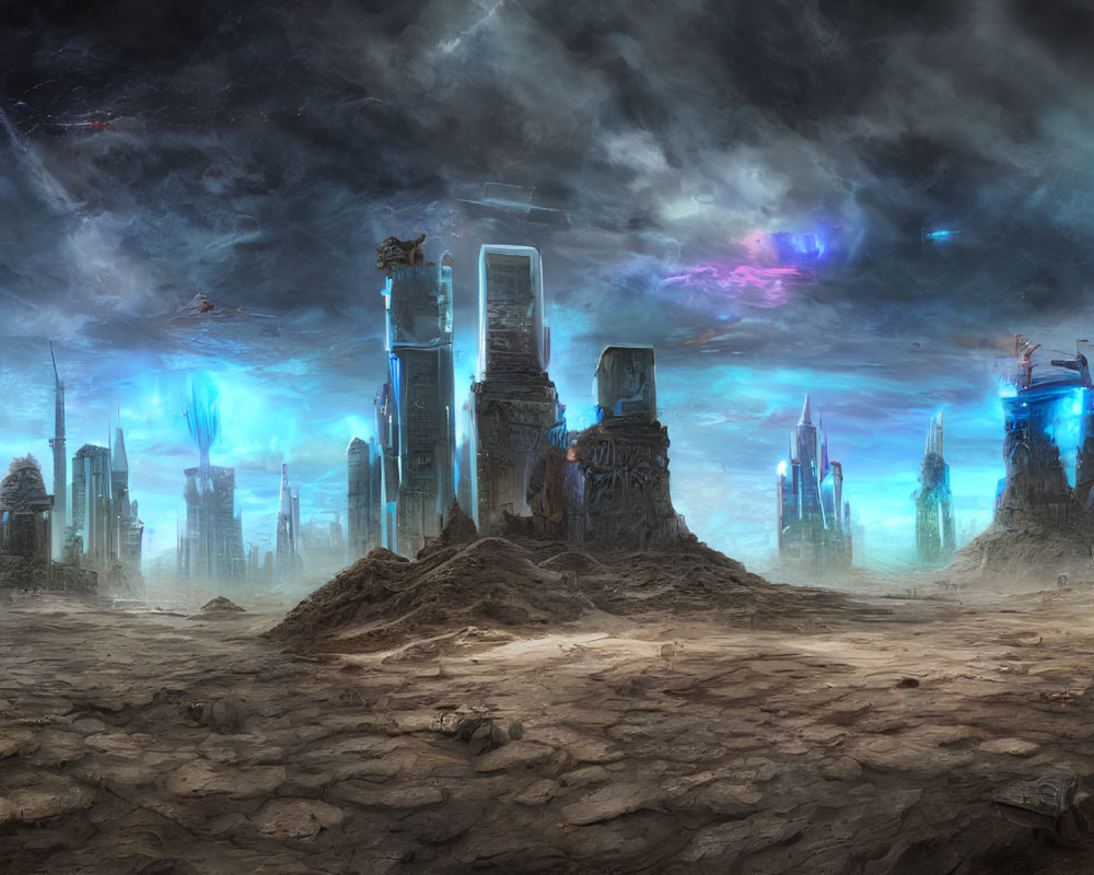 Dystopian landscape with ruins, futuristic skyscrapers, and stormy sky