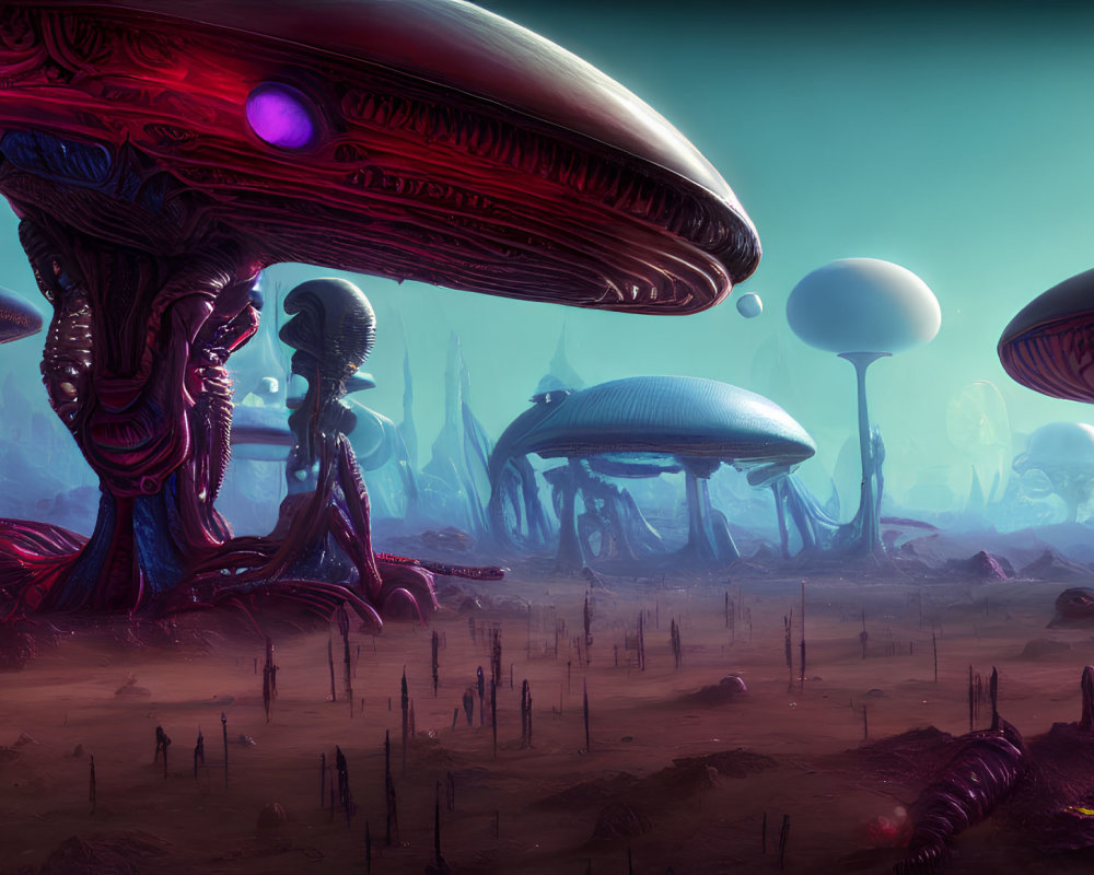 Surreal alien landscape with towering mushroom-like structures under hazy sky