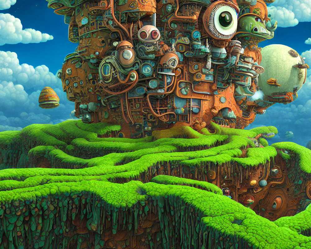 Whimsical landscape with vibrant greenery and mechanical structures