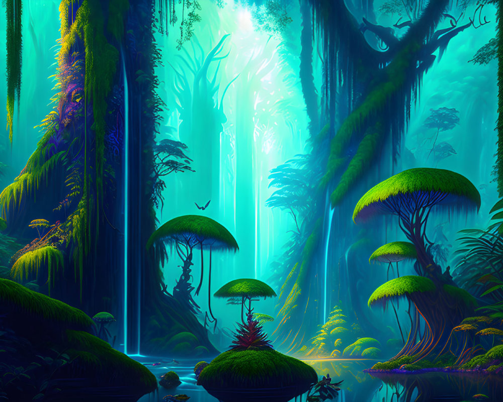 Mystical forest with oversized mushrooms, pond, and light beams