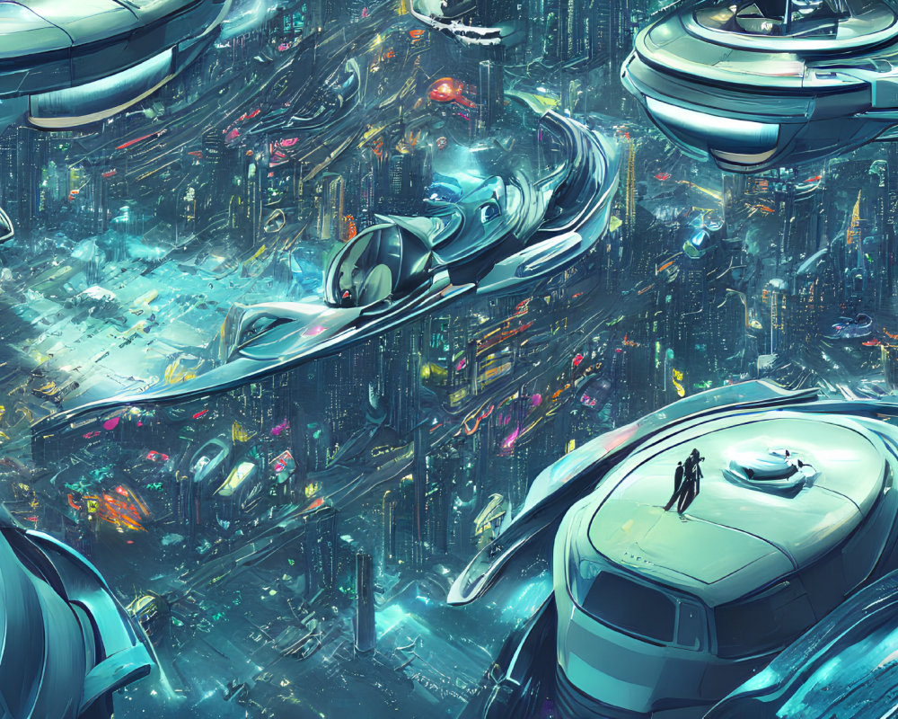 Futuristic cityscape with flying vehicles and neon lights