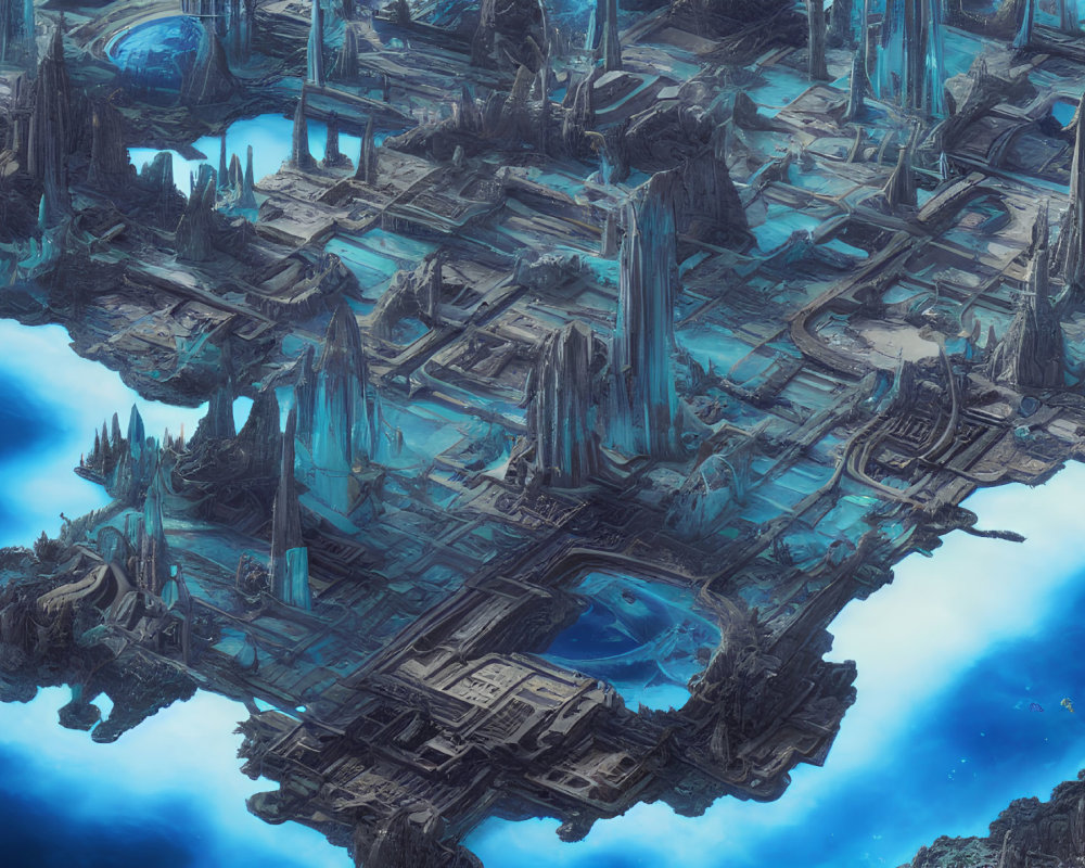 Futuristic blue cityscape with towering spires above clouds