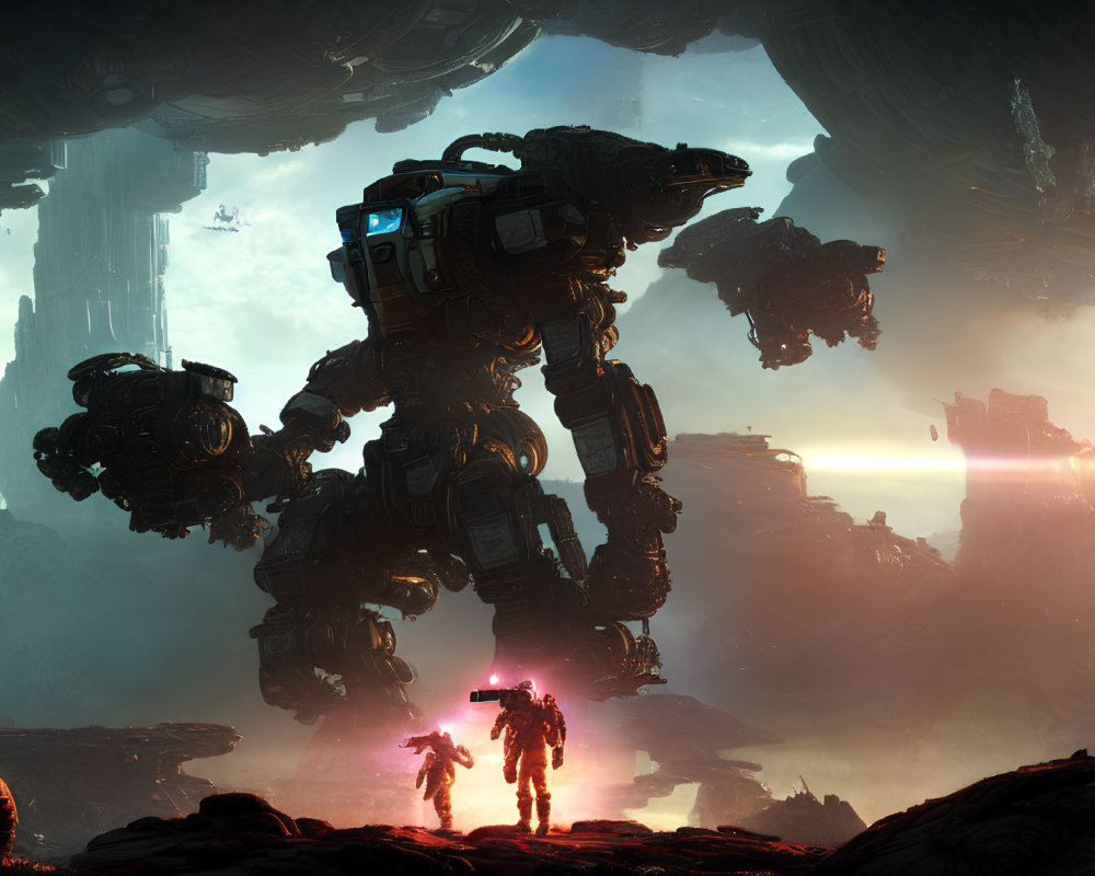 Gigantic robot dominates rocky landscape with dramatic sky and small figure.