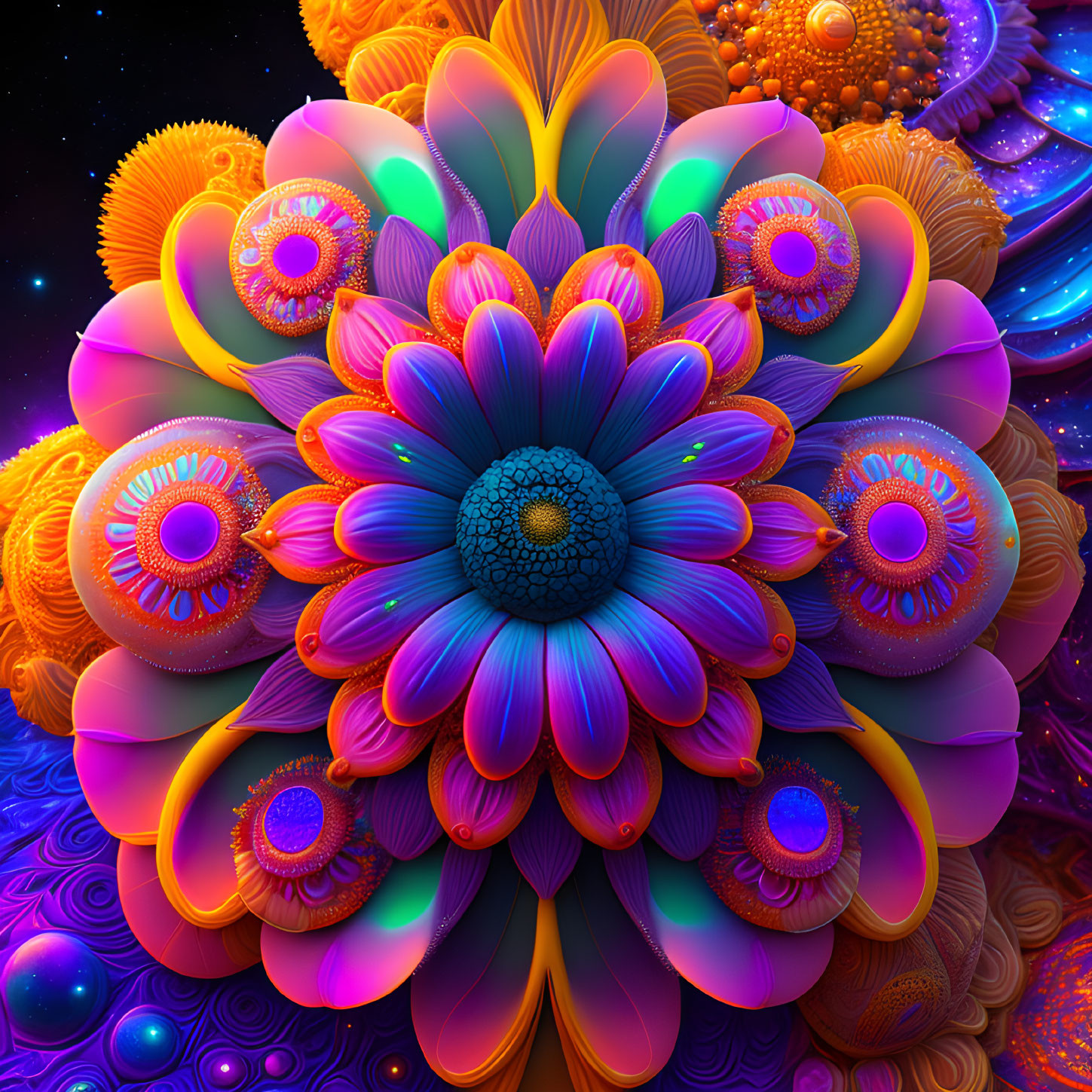 Symmetrical Floral Digital Artwork in Blue, Orange, and Purple