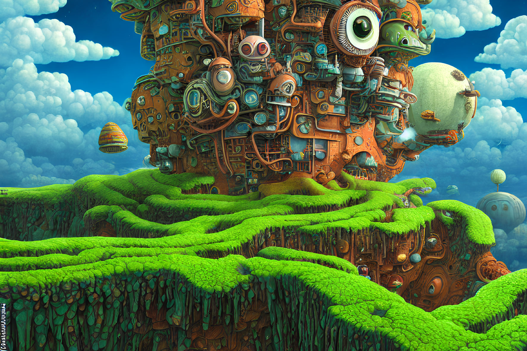 Whimsical landscape with vibrant greenery and mechanical structures