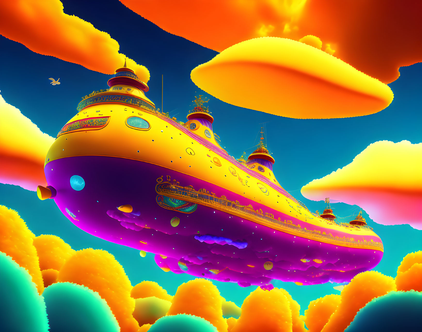 Fantastical purple airship in vibrant sky landscape