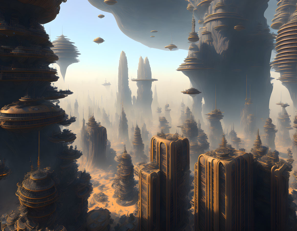 Futuristic cityscape with towering structures in warm sunlight