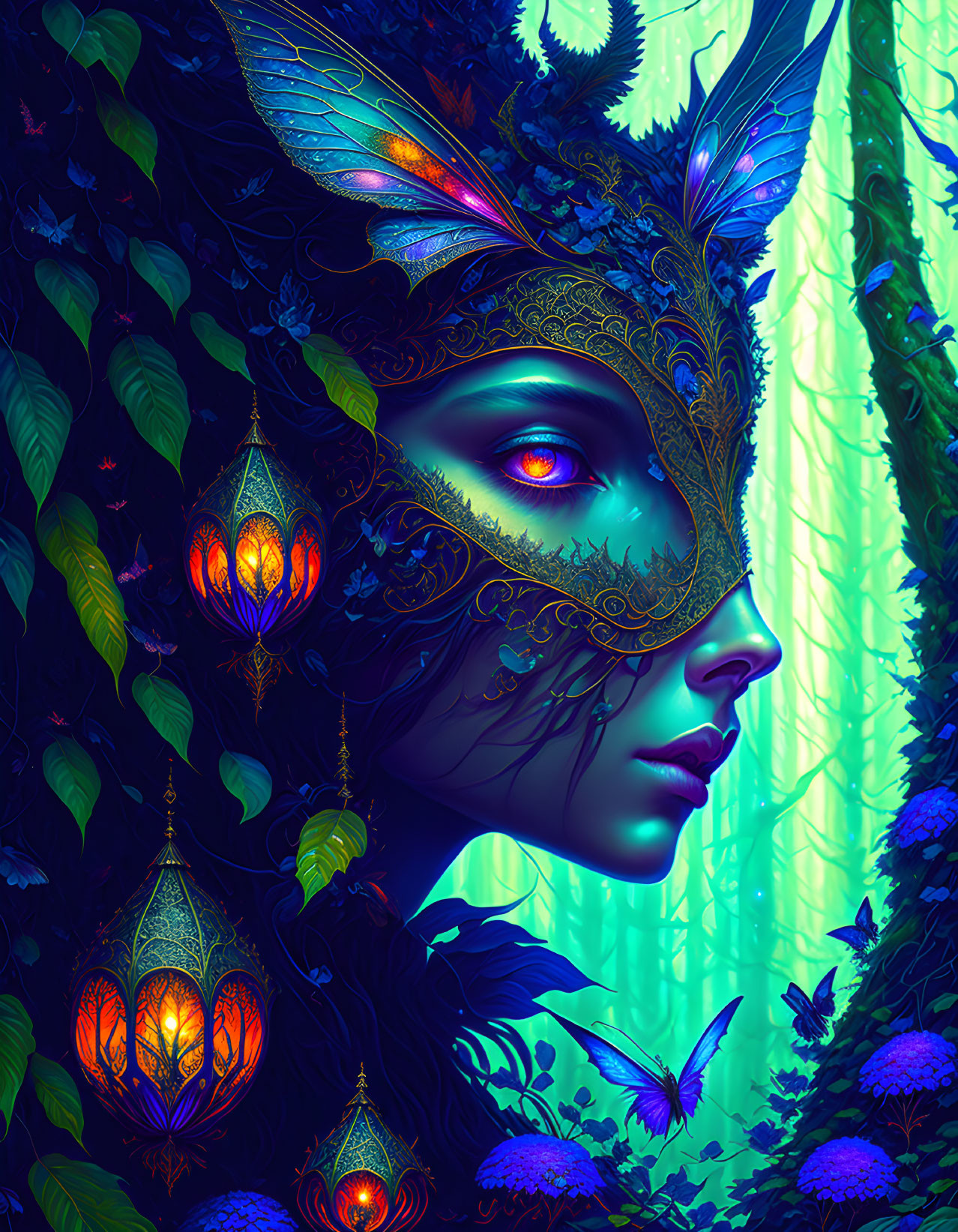 Blue-skinned figure in ornate mask amidst mystical forest with vibrant plants and glowing lanterns