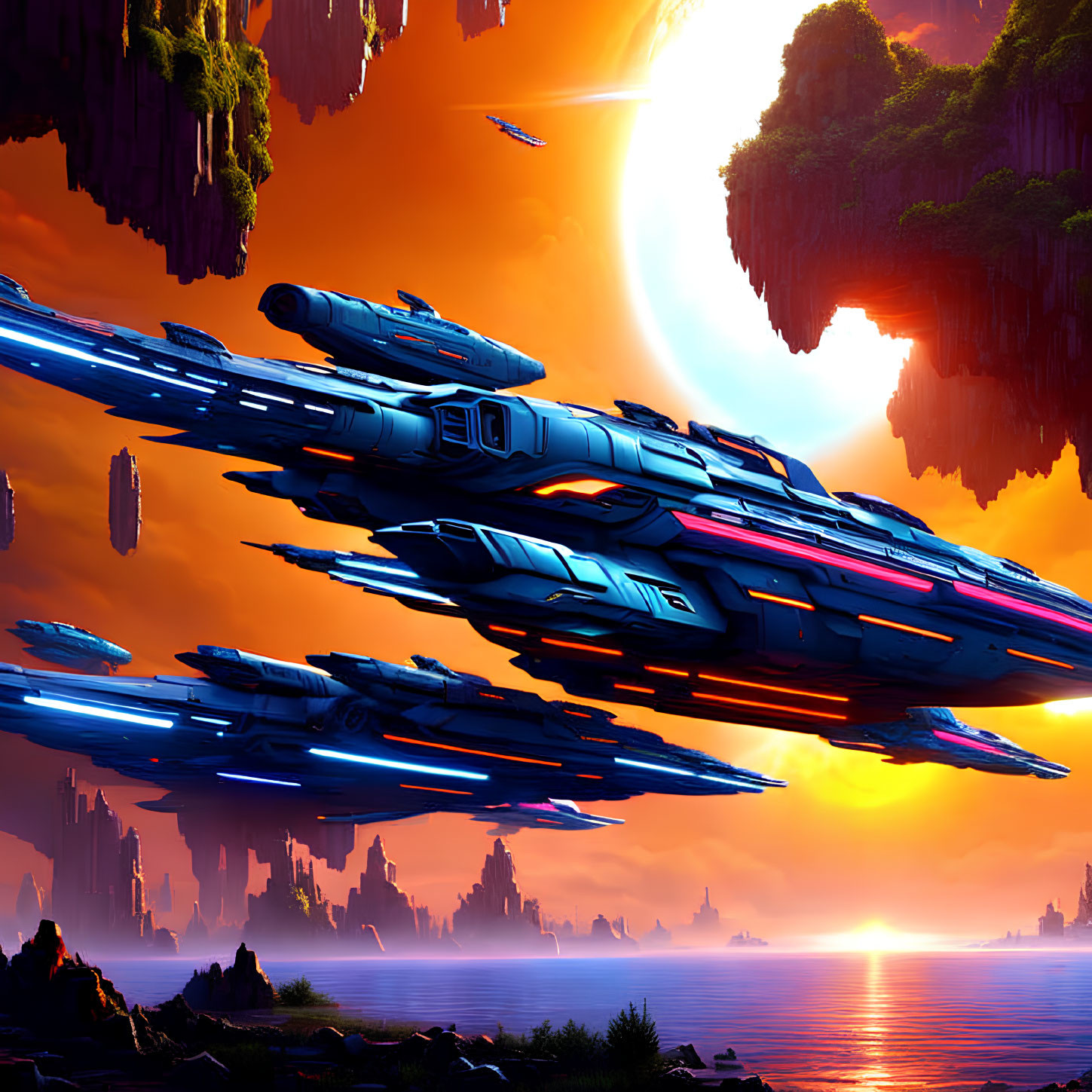 Futuristic spaceships near floating islands on alien planet with large sun