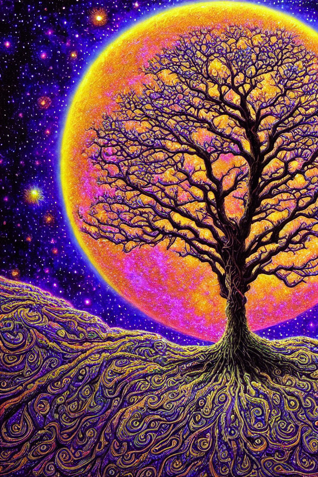 Colorful Tree Artwork with Moon and Stars in Cosmic Background