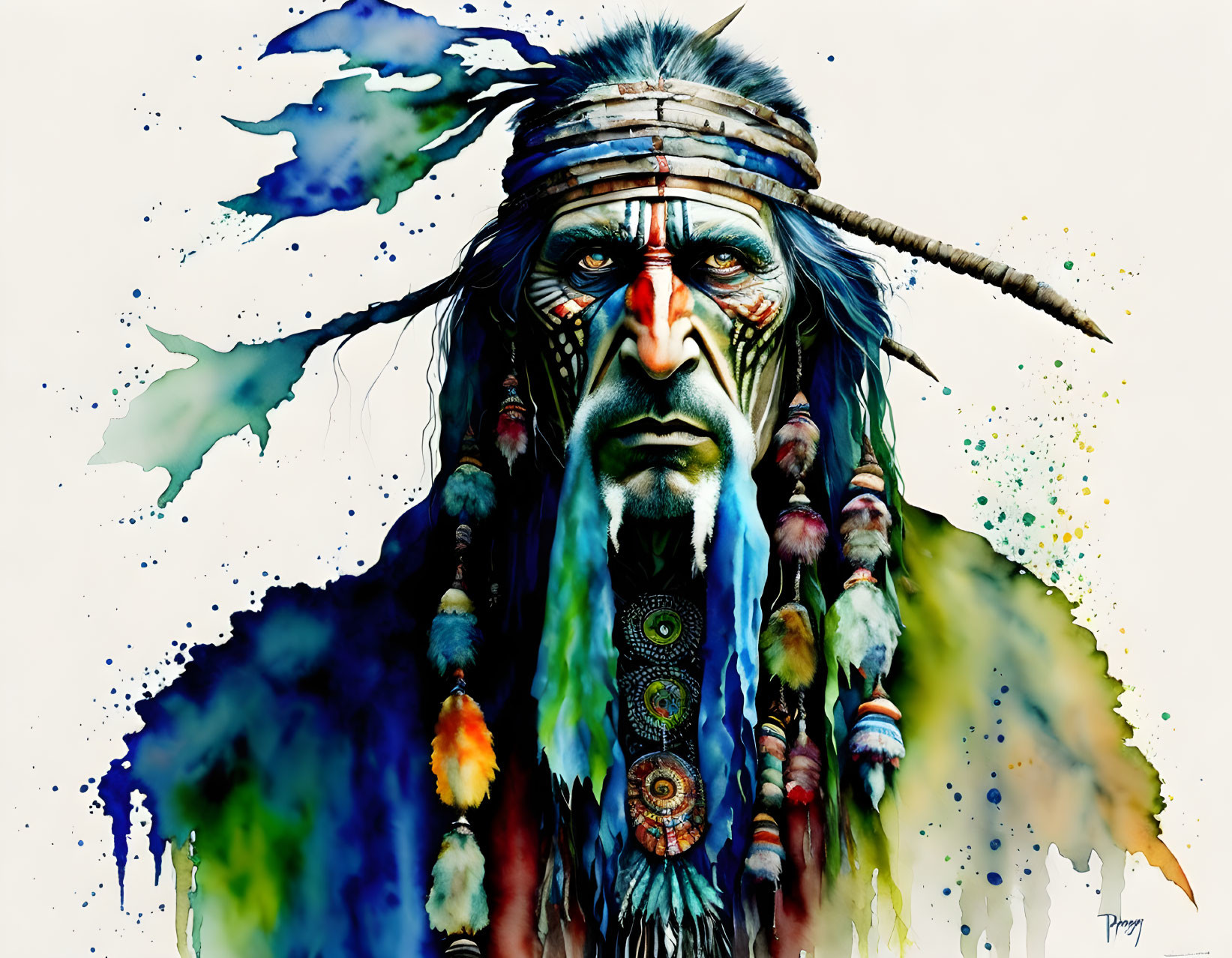 Colorful painting of Native American elder with blue face paint and headdress