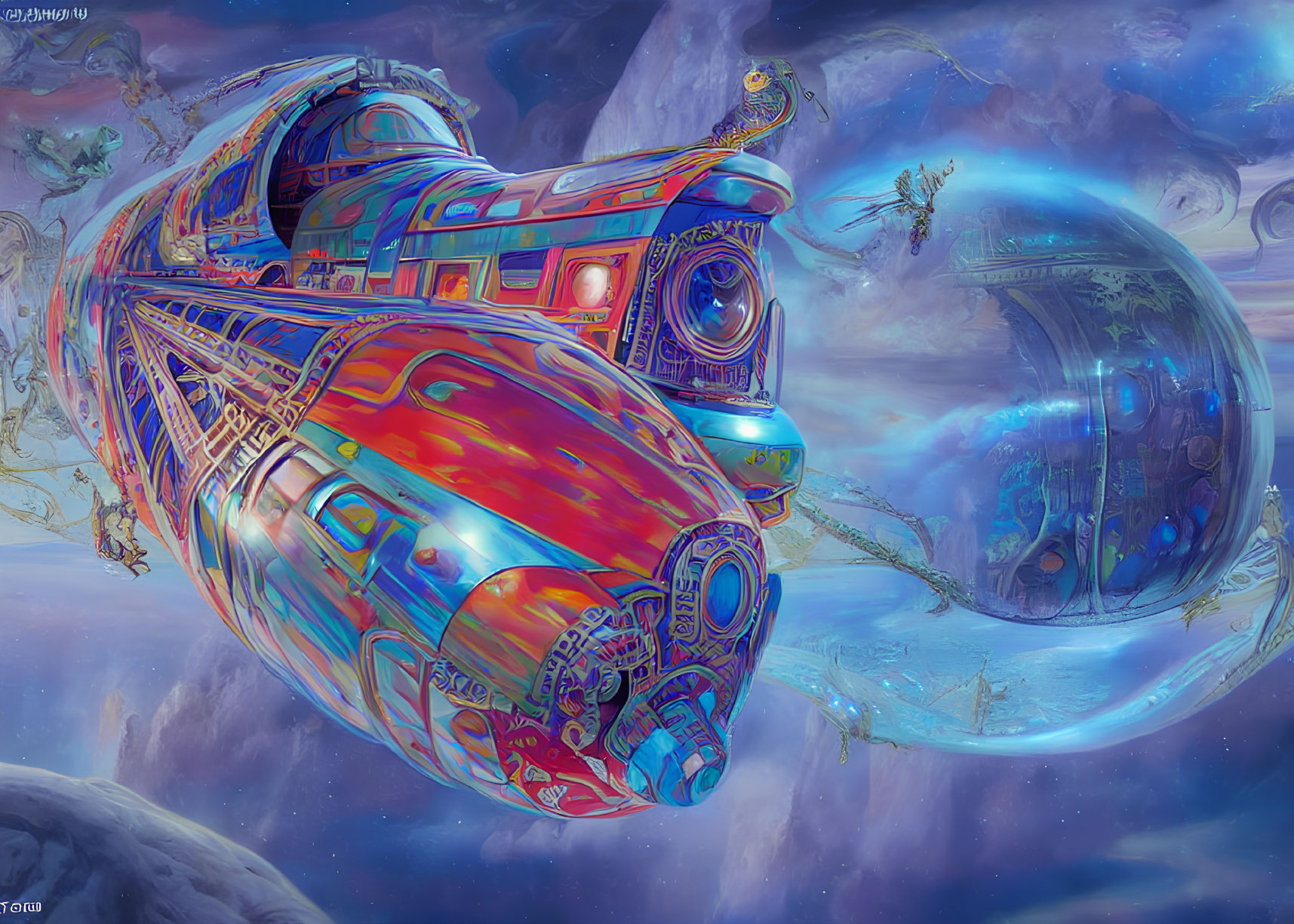 Futuristic spaceship in surreal cosmic landscape with nebulous clouds