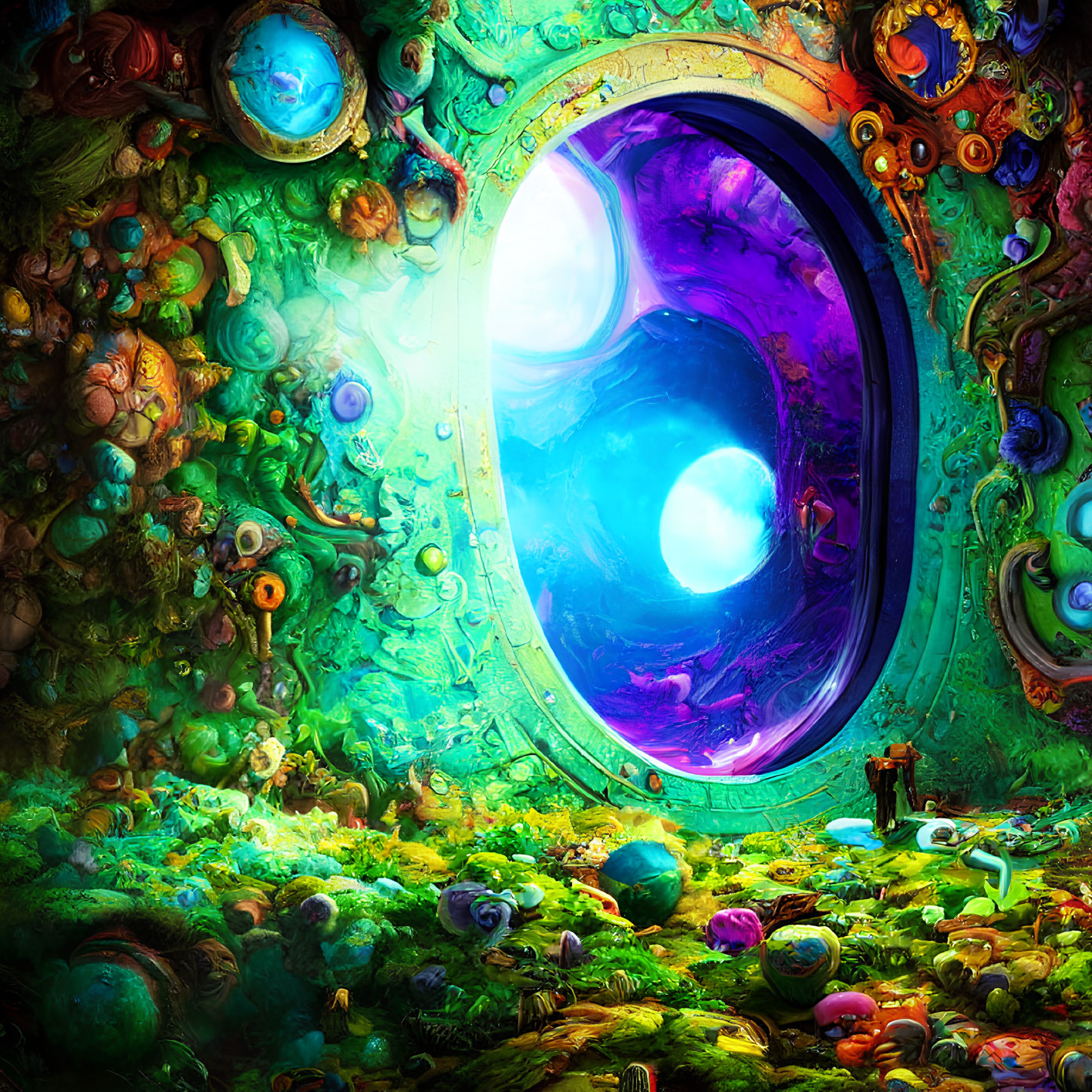 Colorful surreal scene with glowing portal and ethereal light