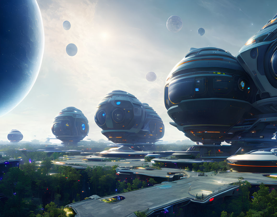 Futuristic cityscape with spherical structures and flying vehicles