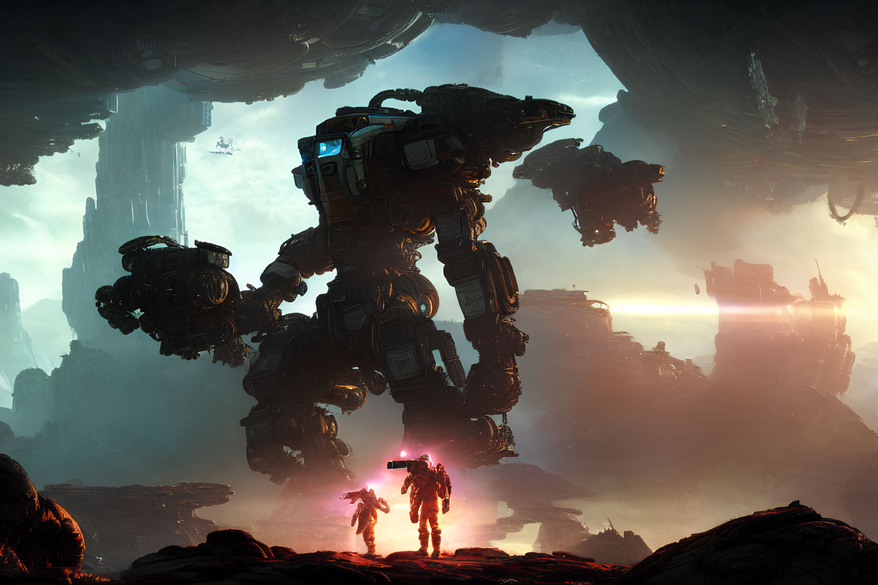 Gigantic robot dominates rocky landscape with dramatic sky and small figure.