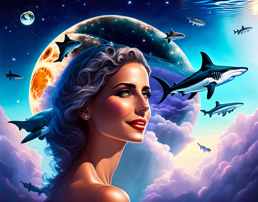 Surreal cosmic portrait with sharks, moon, planets, and starry sky