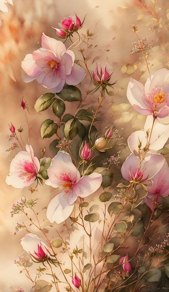 Pastel pink flowers and green foliage on warm textured backdrop - serene nature scene.