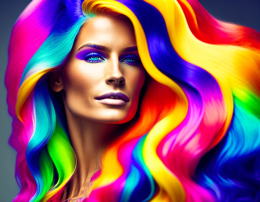 Colorful Woman with Rainbow Hair and Blue-Purple Makeup on Grey Background