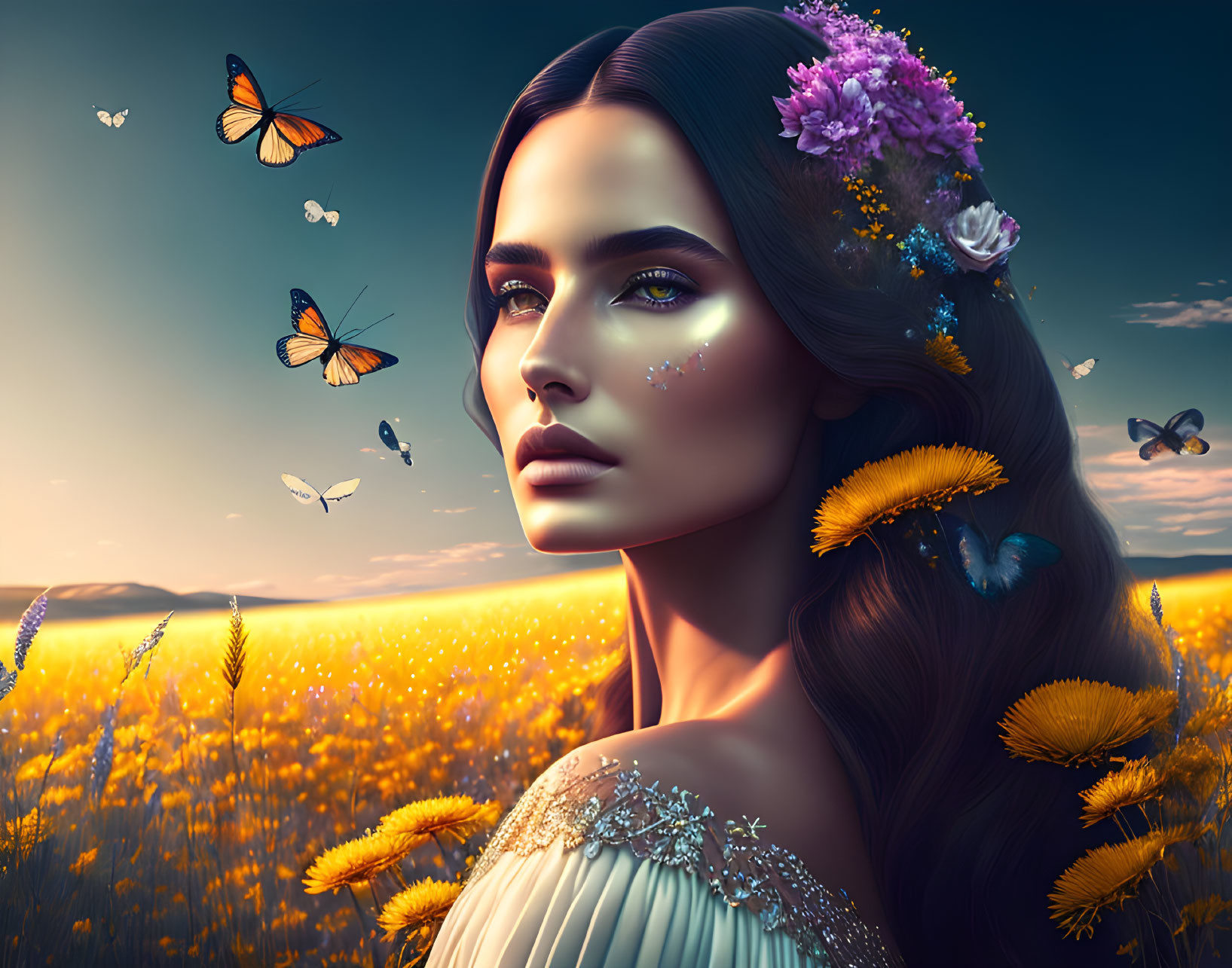 Surreal portrait of woman with floral and butterfly motifs in golden field.