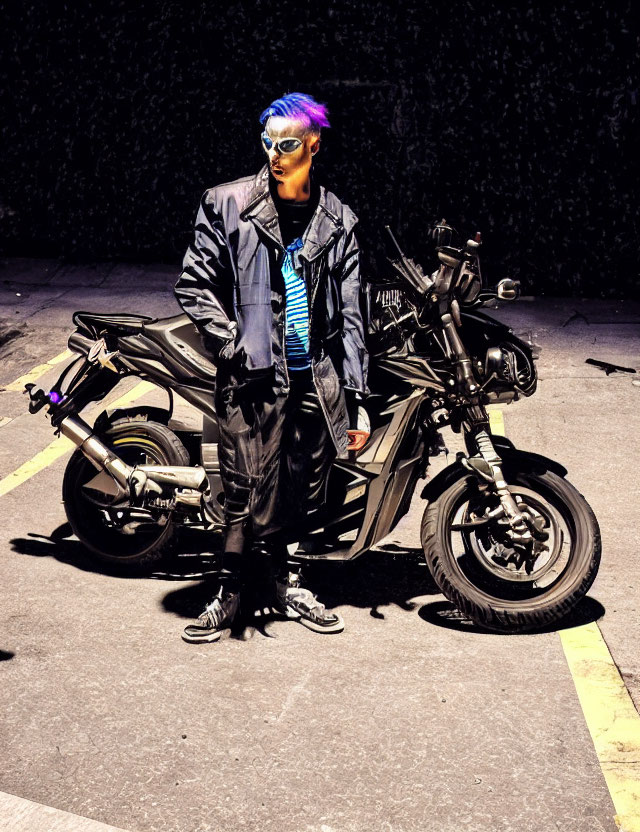 Person with Blue-Tinted Hair Stands by Black Motorcycle in Dimly Lit Area