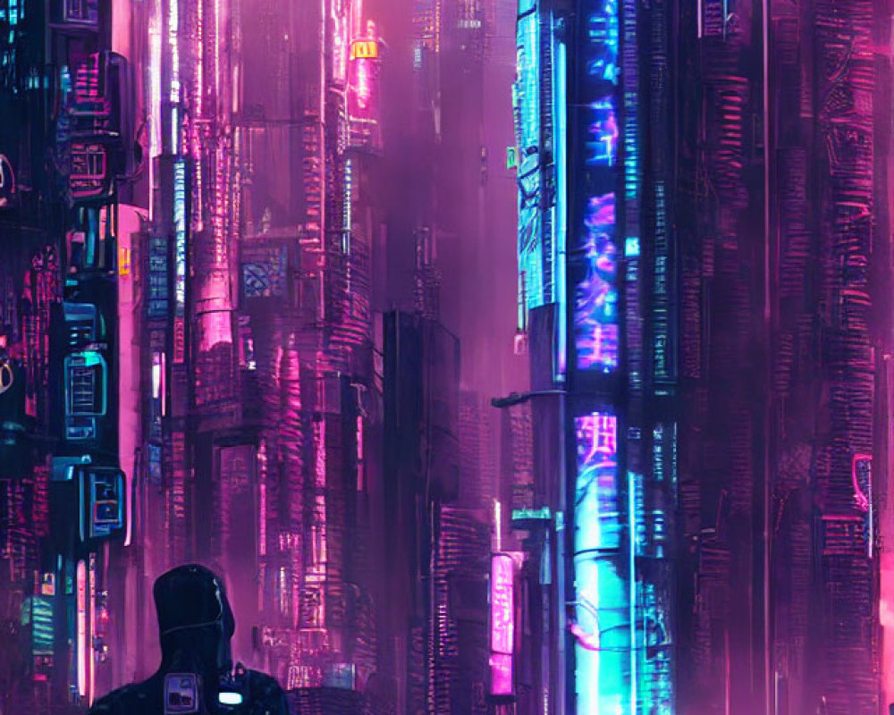 Solitary figure in neon-lit cyberpunk cityscape.