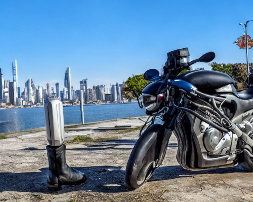 Motorcycle and Boots on Waterfront Promenade with City Skyline