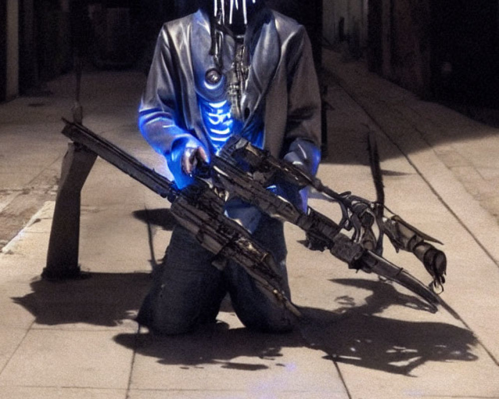 Glowing LED mask and gloves with rifle on dimly lit street