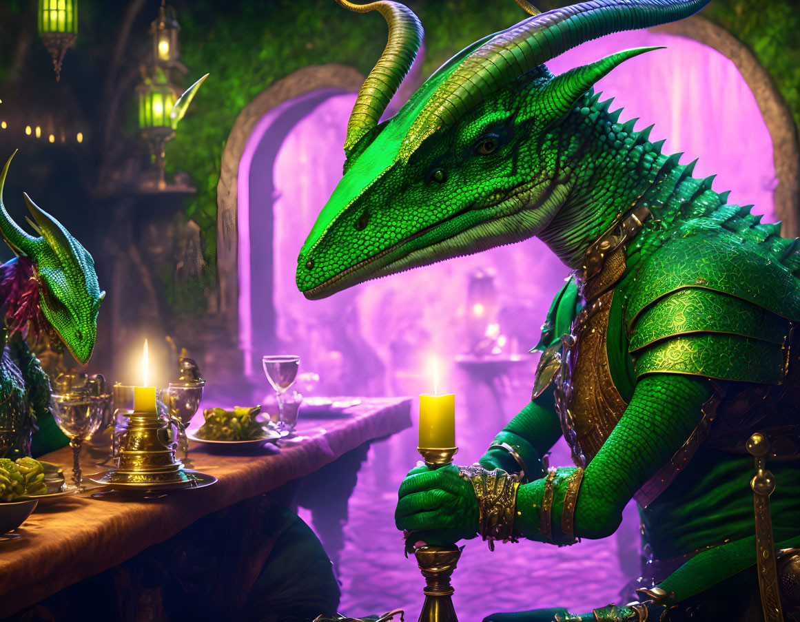 Medieval armor dragons at candlelit feast table in fantasy tavern