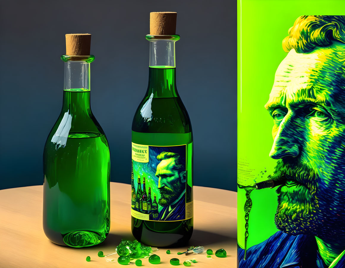 Green Bottles Featuring Vincent van Gogh Labels Pouring Liquid into Beard-Shaped Glass