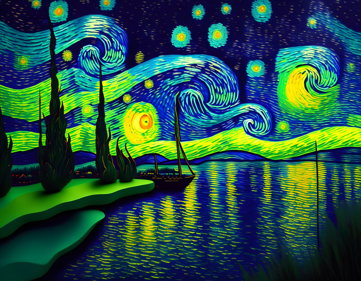 Vibrant digital artwork: swirling blues, yellows, sailboat, cypress trees