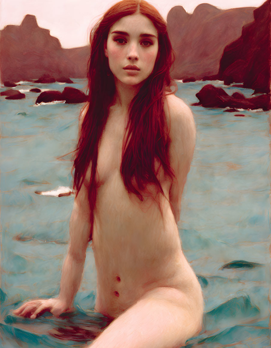 Nude woman with red hair in shallow waters by rocky sea coast