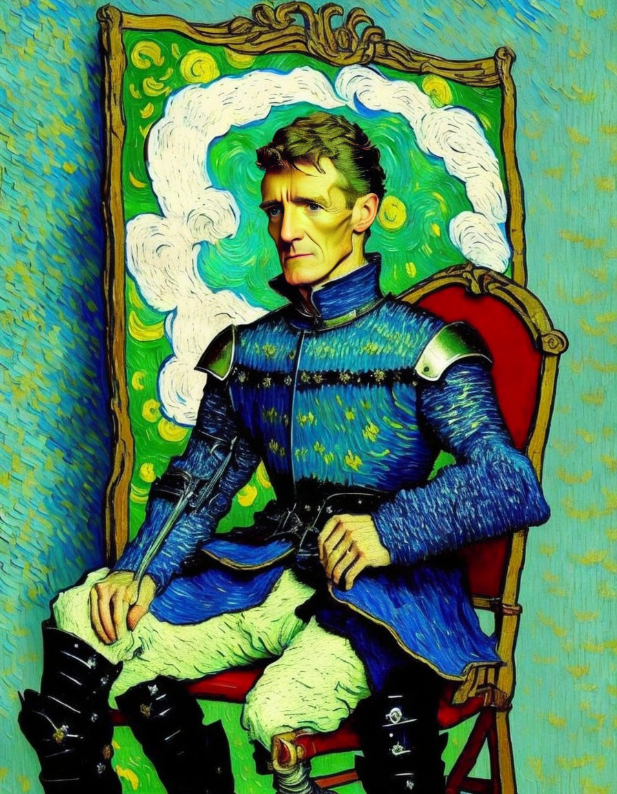 Stylized portrait of man in blue uniform with Starry Night elements, seated on ornate chair