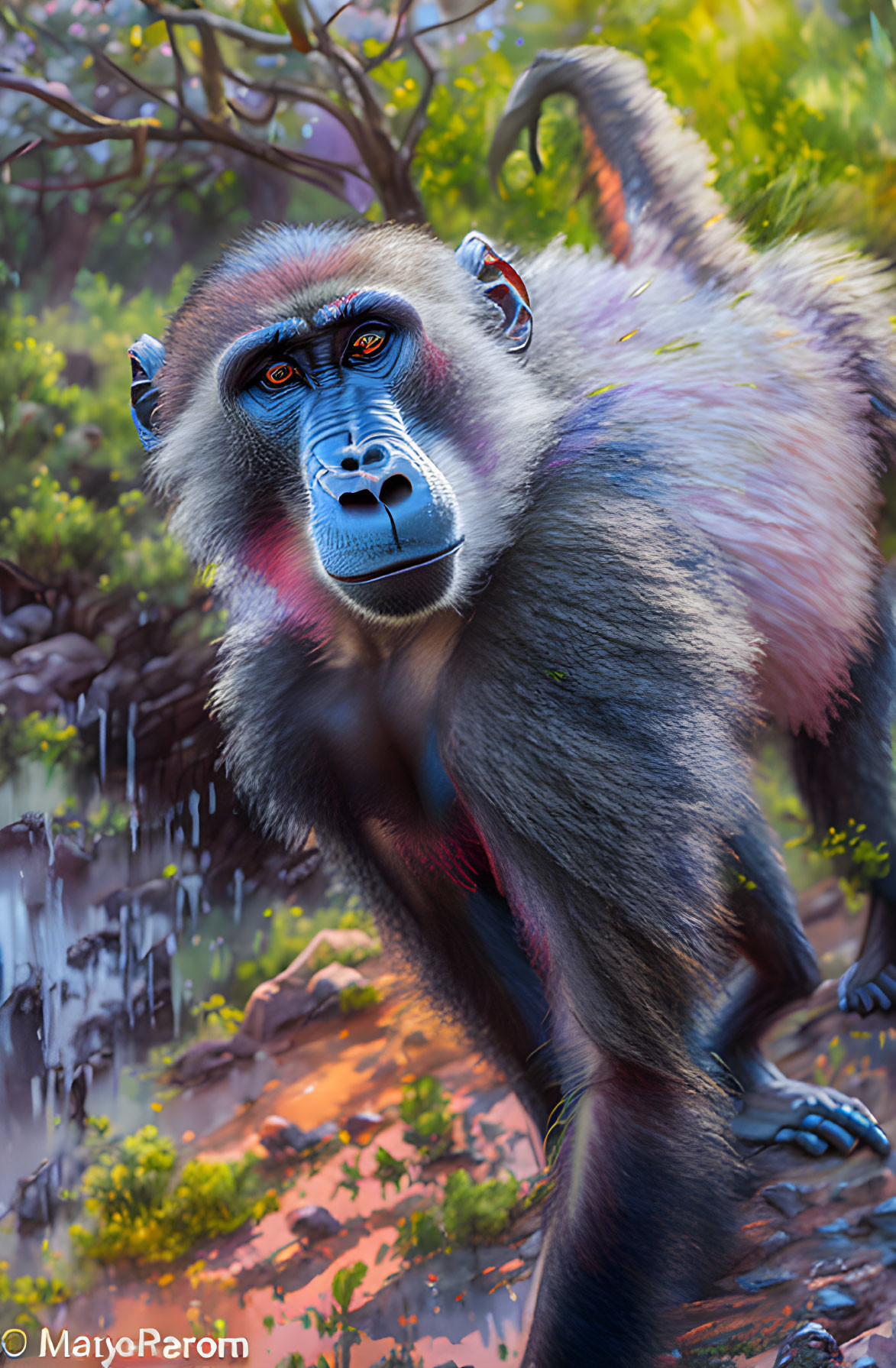 Vibrant digital illustration: Mandrill in misty jungle with blue and red face