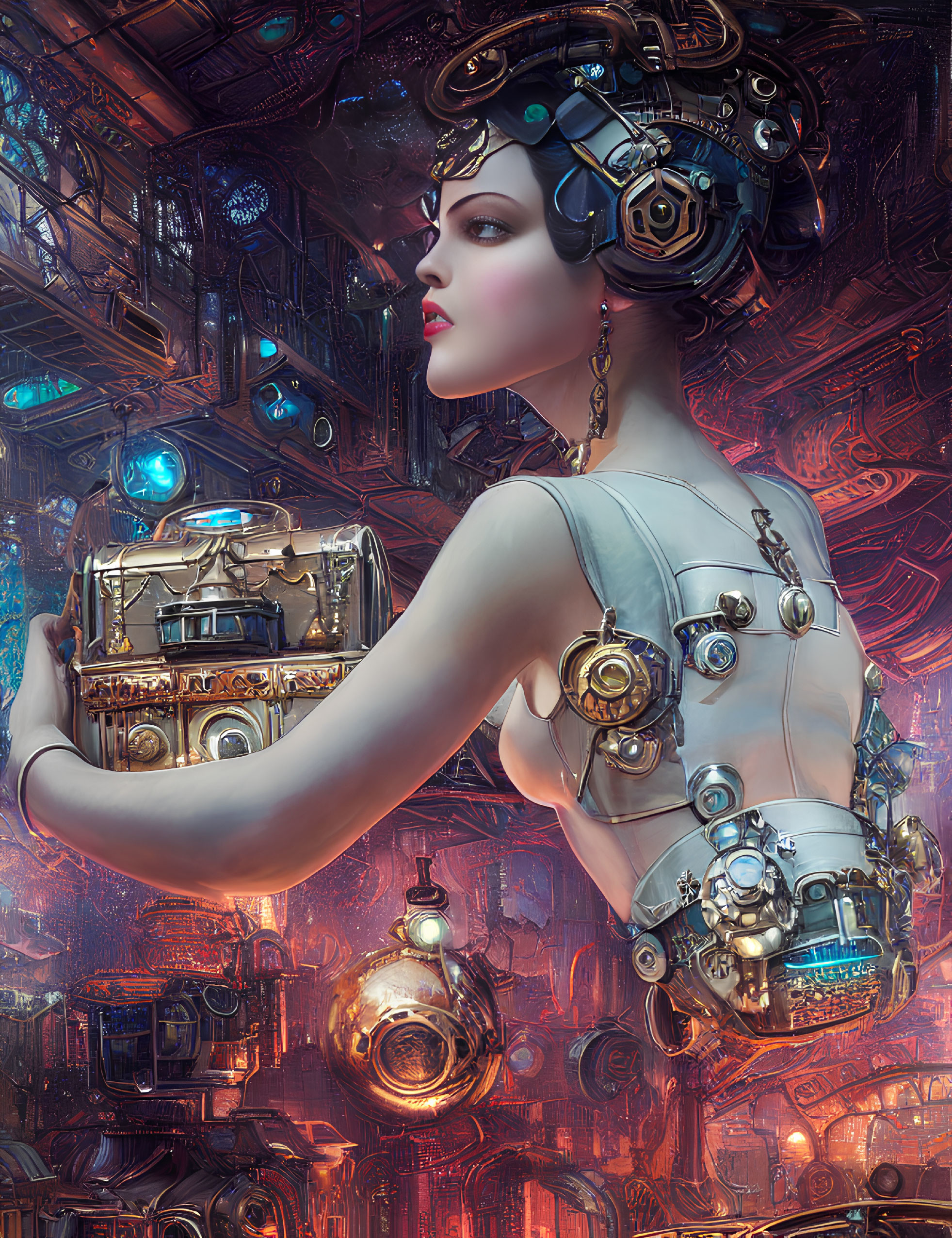 Futuristic digital artwork of a woman with cybernetic enhancements