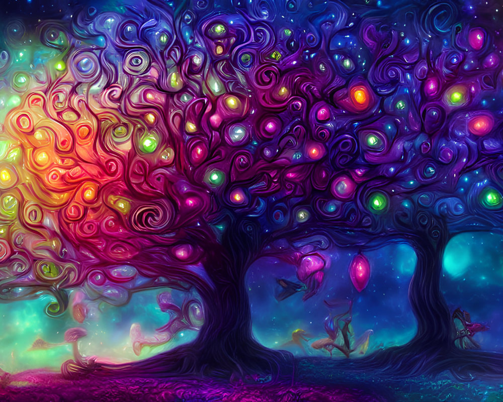 Colorful tree artwork with glowing orbs in fantasy landscape