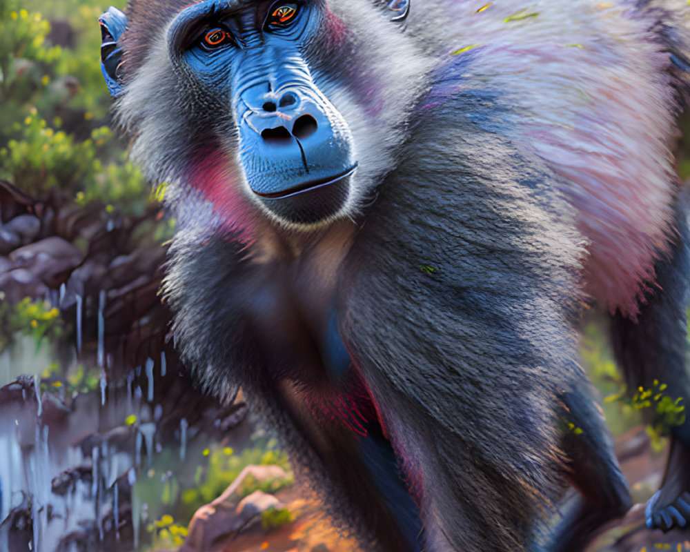 Vibrant digital illustration: Mandrill in misty jungle with blue and red face