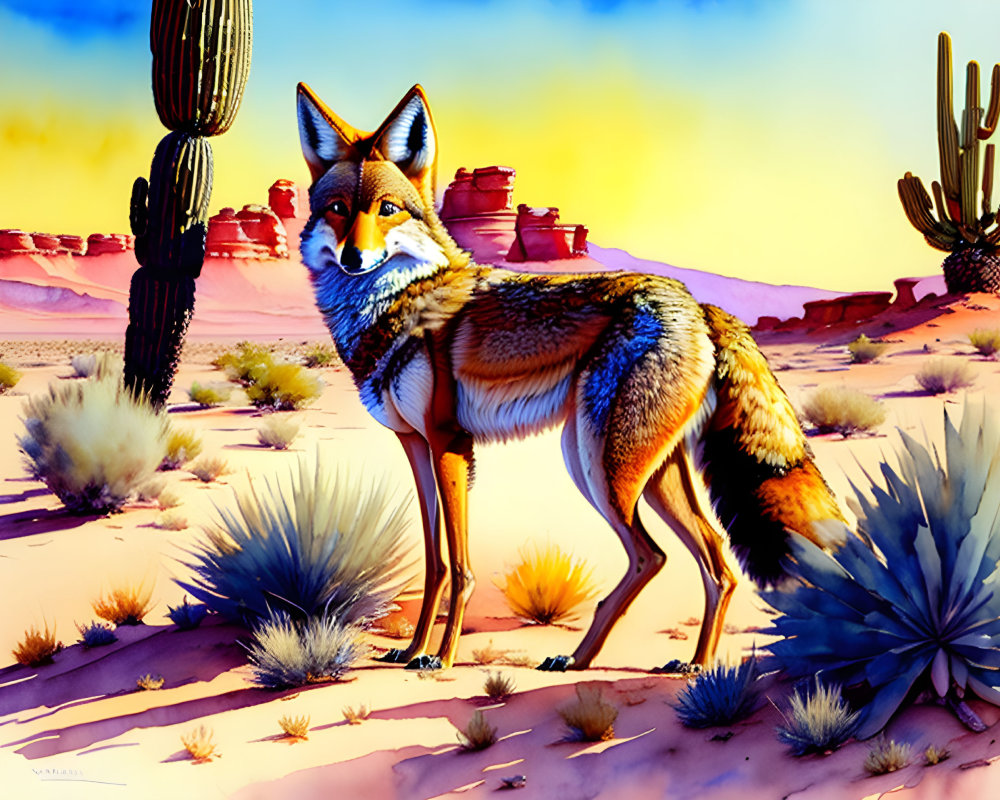 Colorful Fox in Desert Landscape with Cacti and Rocks Under Blue Sky