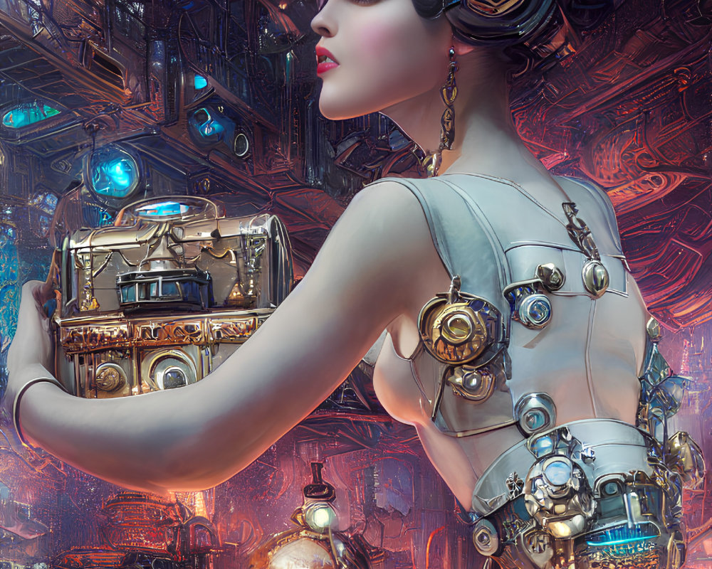 Futuristic digital artwork of a woman with cybernetic enhancements