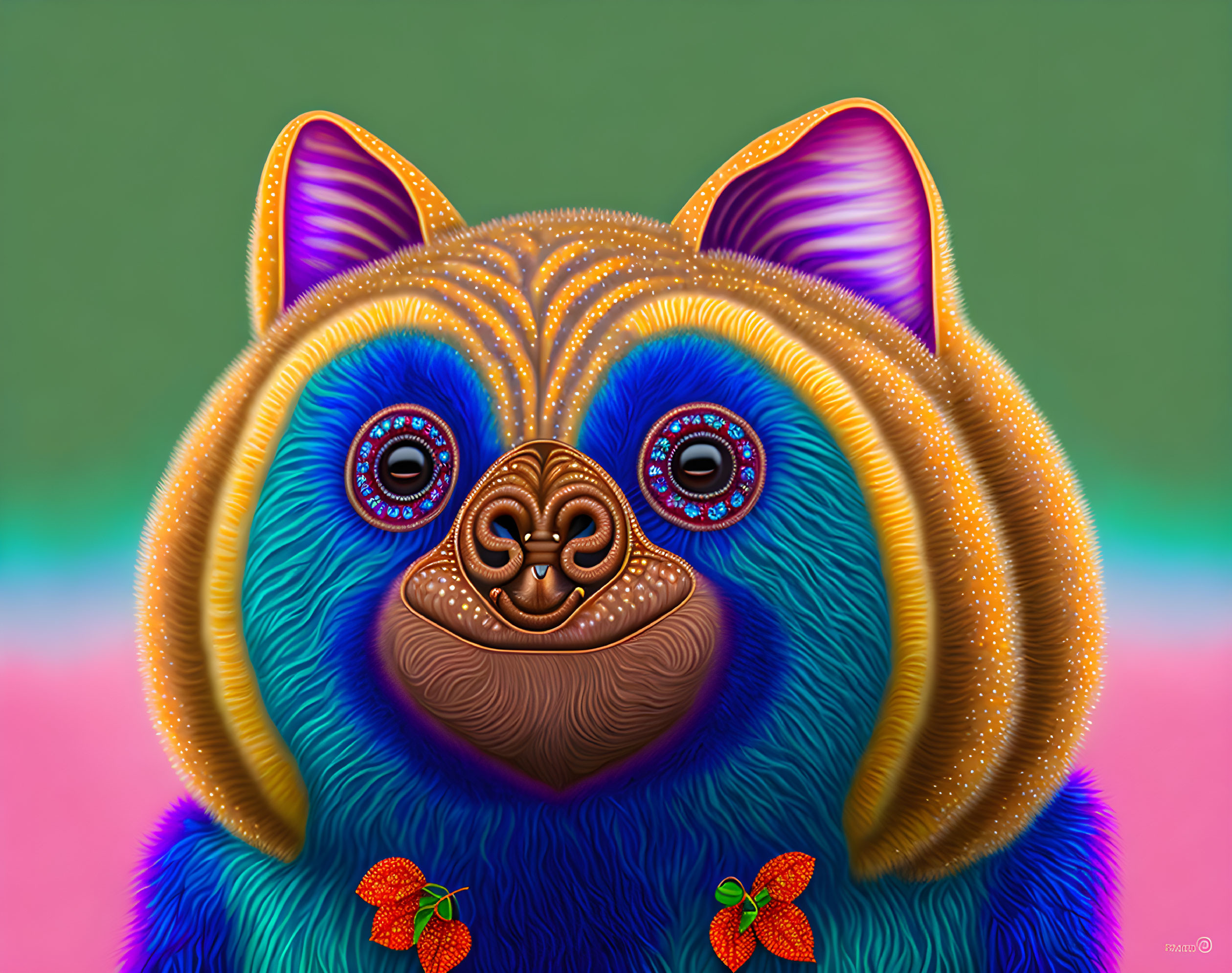 Whimsical blue dog with multicolored patterns and sparkling eyes