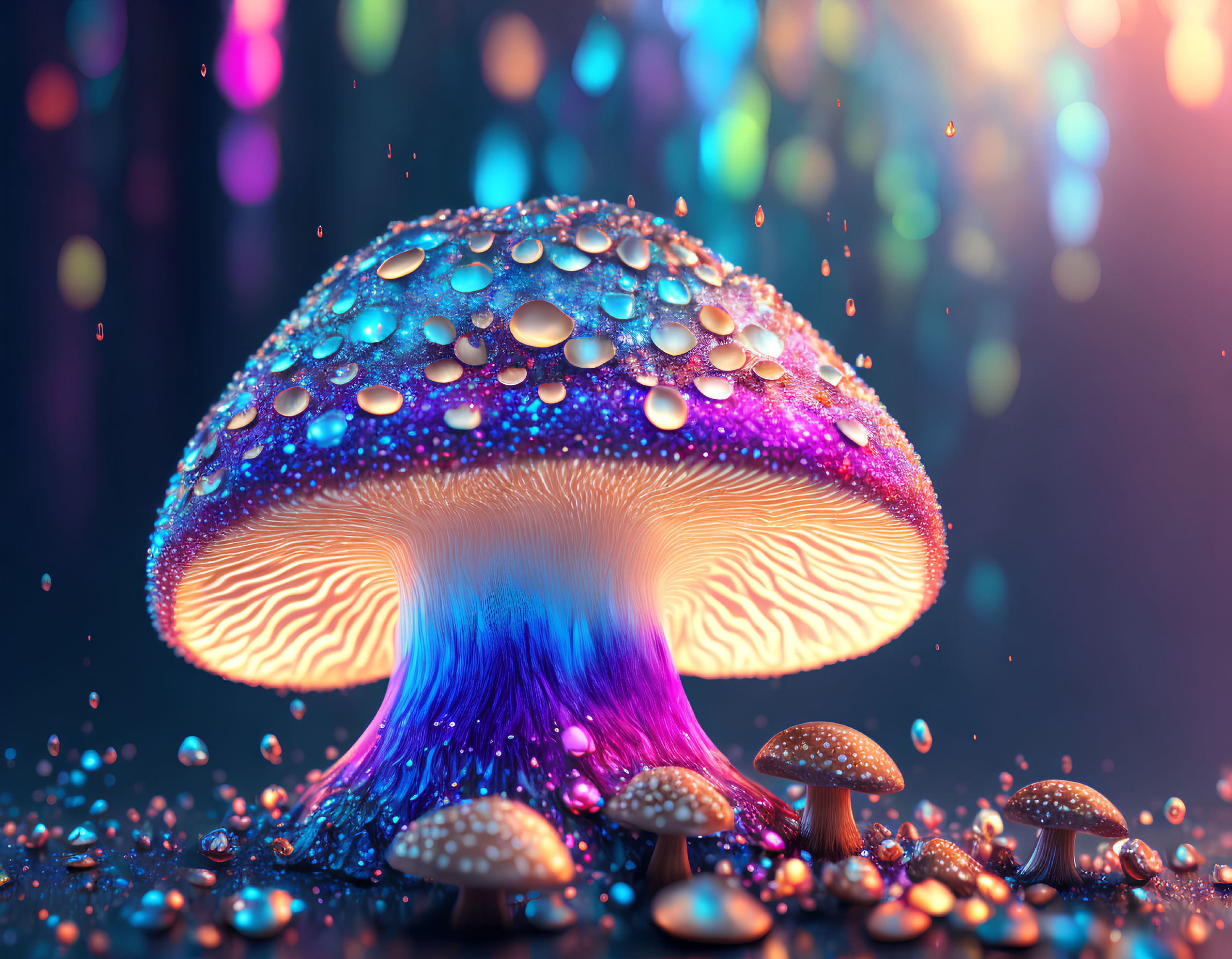 Colorful Fantasy Mushroom Illustration with Glowing Neon Cap