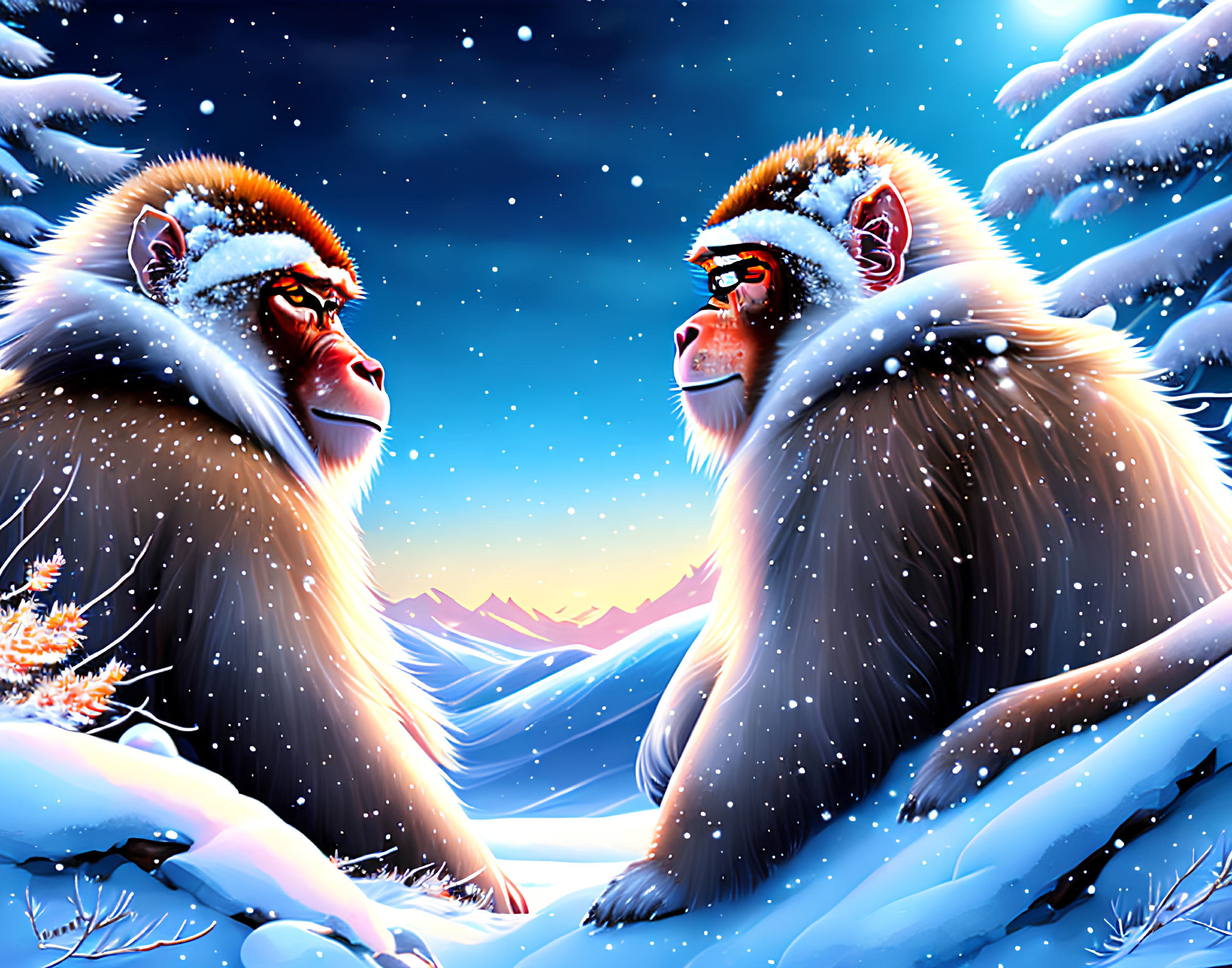 Illustrated monkeys in snowy landscape with starry sky