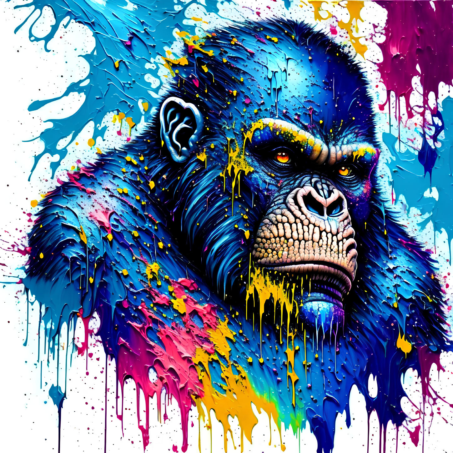 Vibrant gorilla painting with blue, yellow, and pink splashes