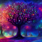 Colorful tree artwork with glowing orbs in fantasy landscape