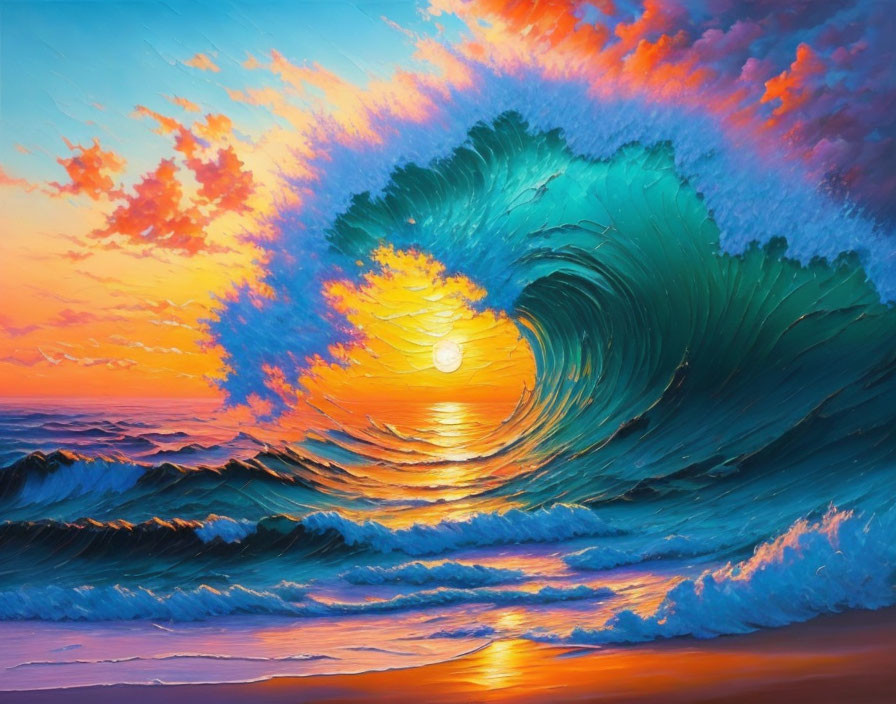 Colorful Ocean Wave Painting with Sunset Sky and Sun