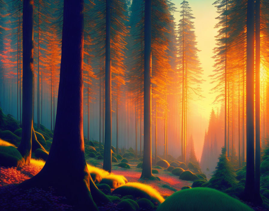 Sunrise forest scene with sunbeams through tall trees