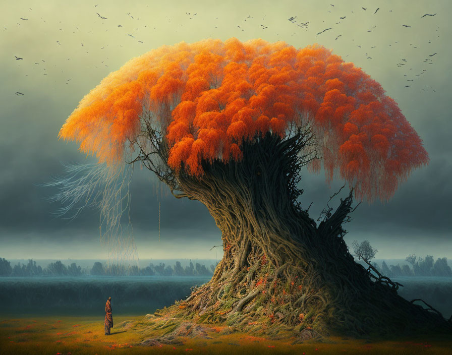 Person under vibrant orange tree in misty landscape with flying birds